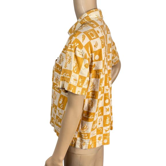 Madewell Orange Beige Checker Tropical Print Linen Blend Button Down Shirt SZ XS - Picture 6 of 9